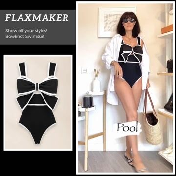Black and White Bow Decor One Piece Swimsuit and Skirt Flaxmaker