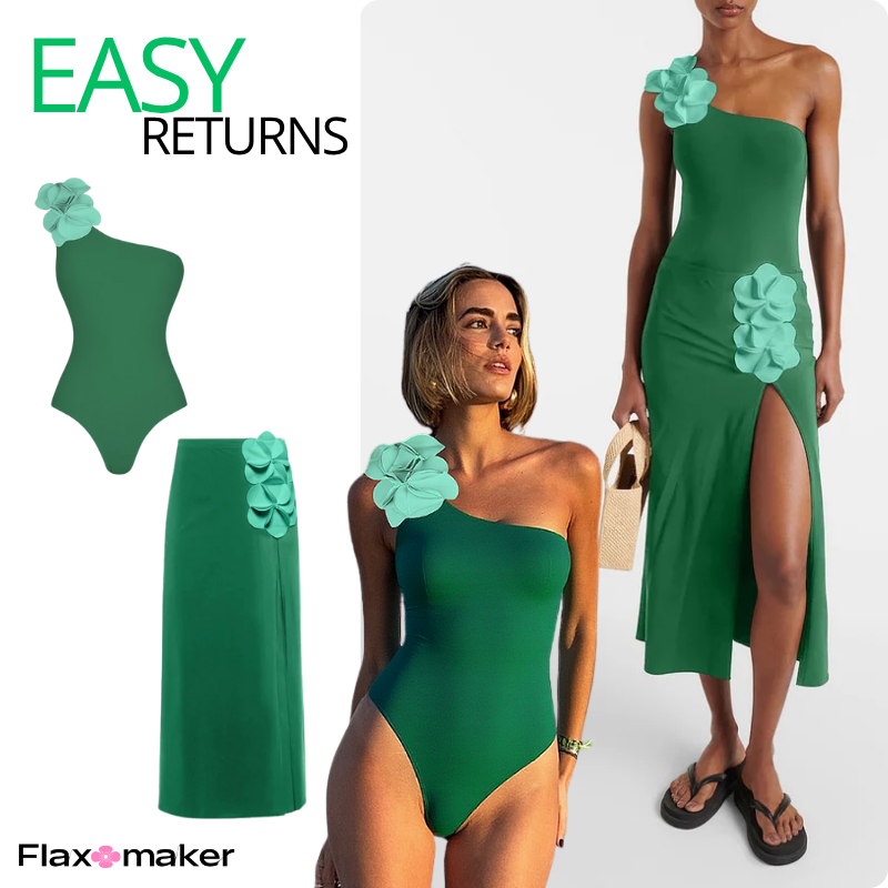 Oblique Shoulder 3D Flower One Piece Swimsuit and Skirt