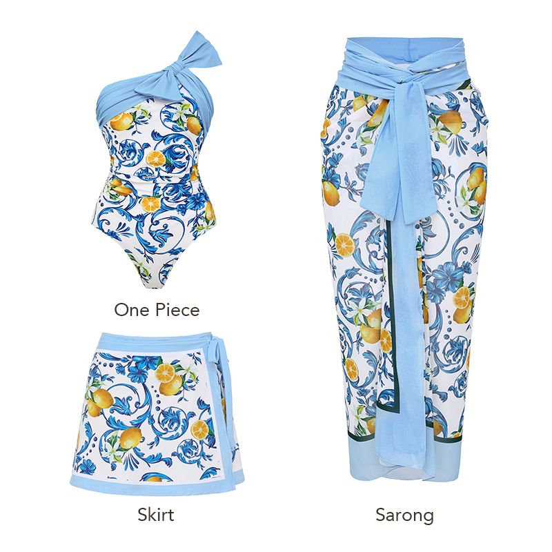 Lemon Print One Shoulder One Piece Swimsuit and Sarong or Skirt Flaxmaker