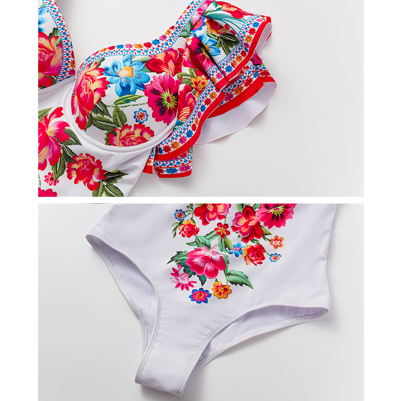 V Neck Ruffle Shoulder Embroidery Pattern Printed  One Piece Swimsuit and Skirt Flaxmaker