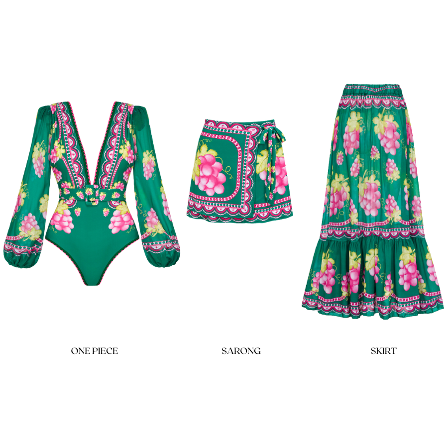 Long-sleeved Retro Green Grapes Print One Piece Swimsuit and Skirt