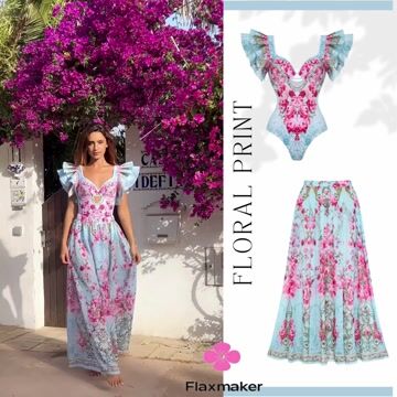 Ruffled Blue Blooming Flowers Print One Piece Swimsuit and Skirt