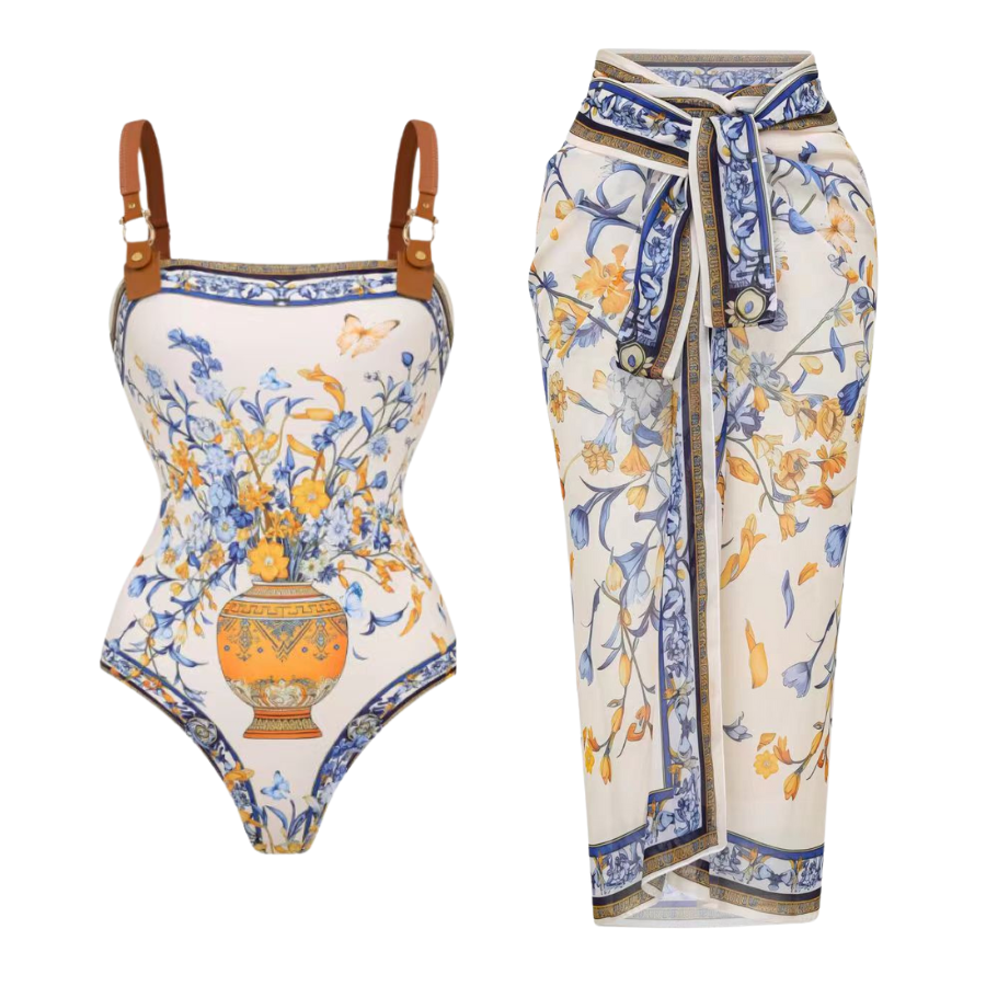 Porcelain Print Leather Straps One Piece Swimsuit and Sarong