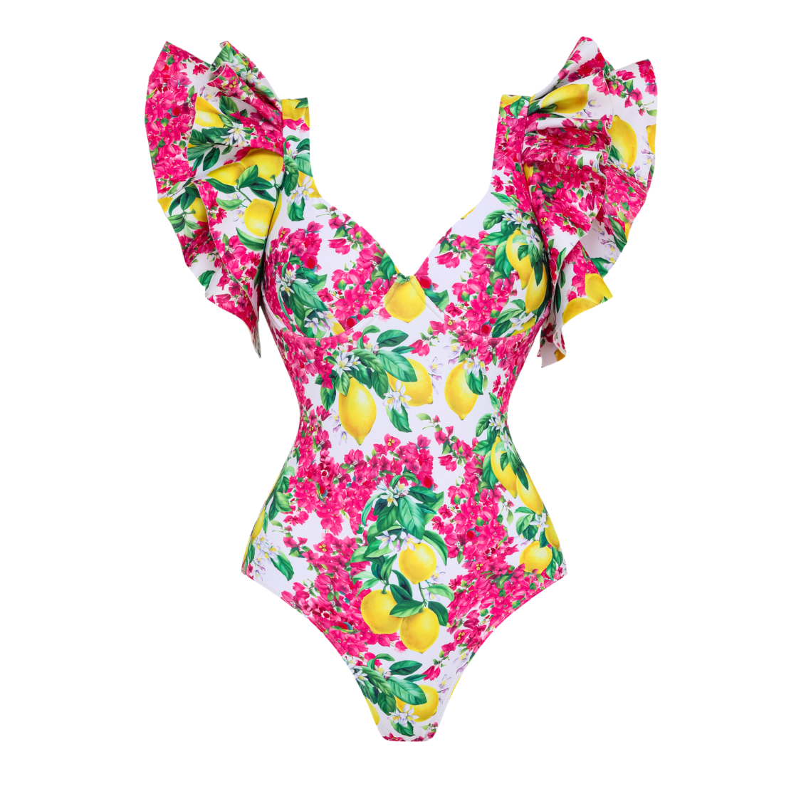 Ruffled Lemon Floral Print One Piece Swimsuit and Tiered Skirt