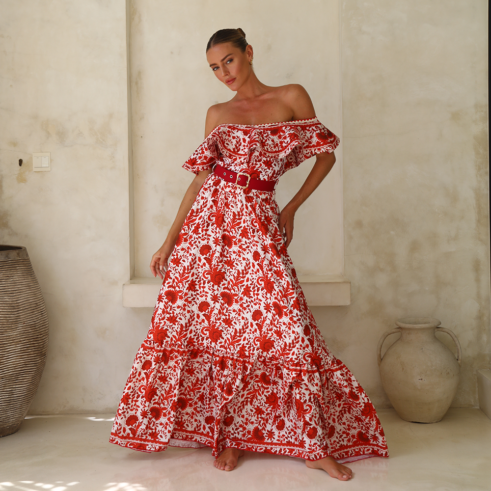 Bandeau Ruffled Red Flower Silhouette Print One Piece Swimsuit and Skirt