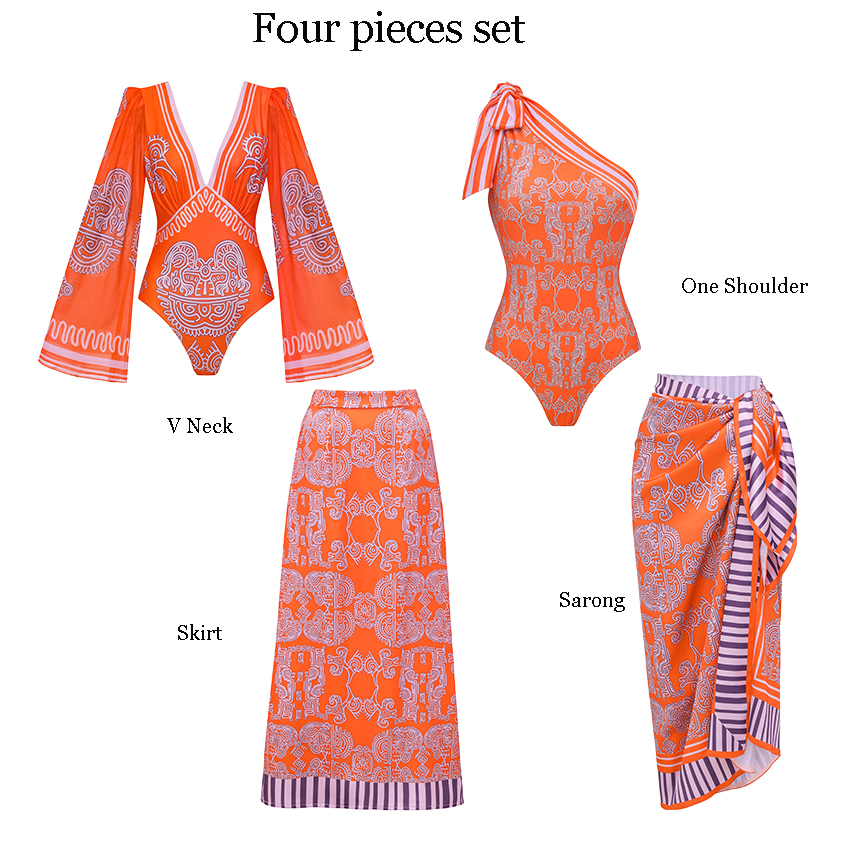 One Shoulder Bow Tie Striped Tribal Print Swimsuit Set(s)