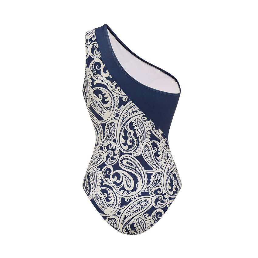 One Shoulder Blue Color Block Paisley Print Swimsuit Set(s)