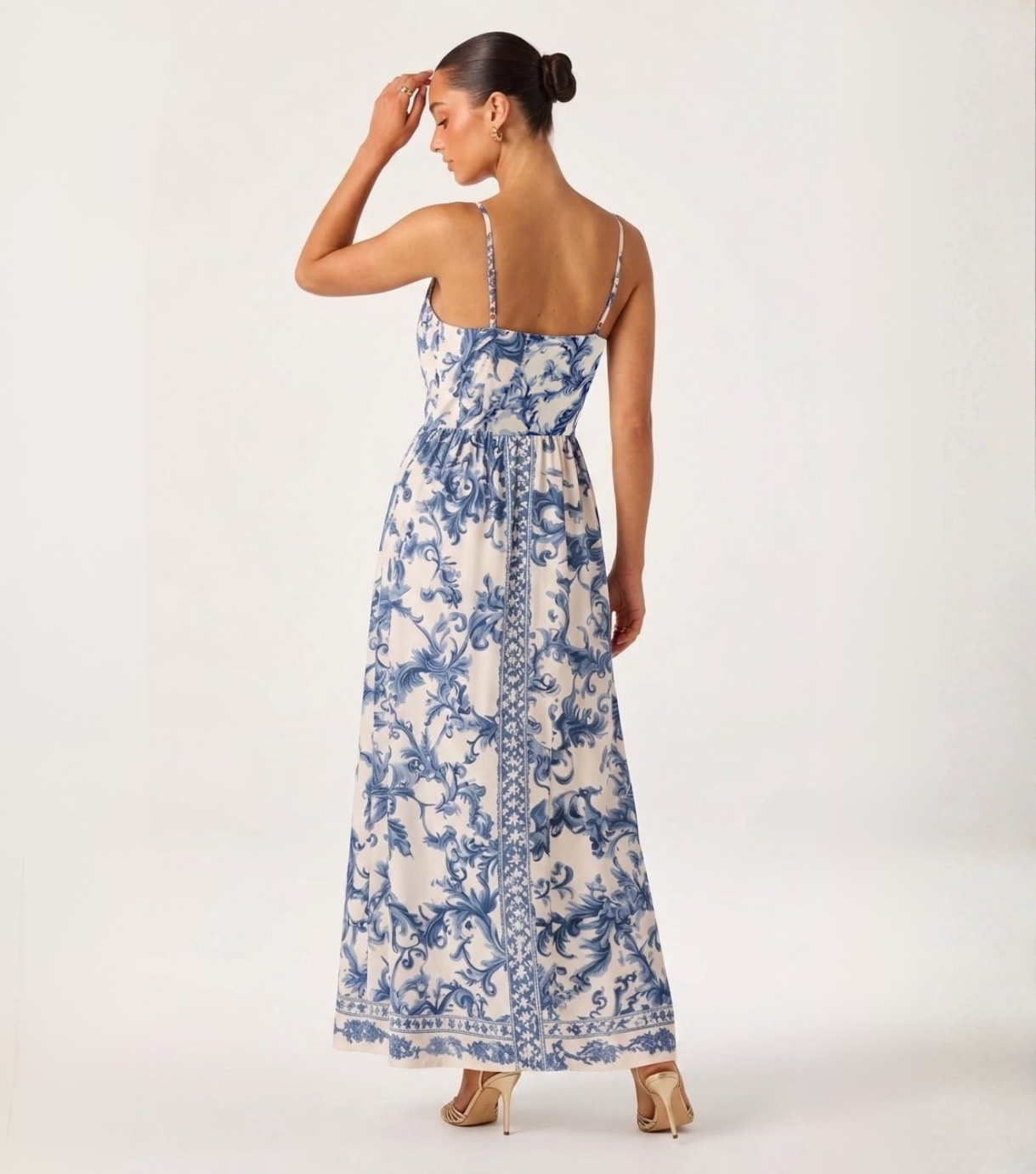 Navy Porcelain Print Spaghetti Strap Maxi Dress