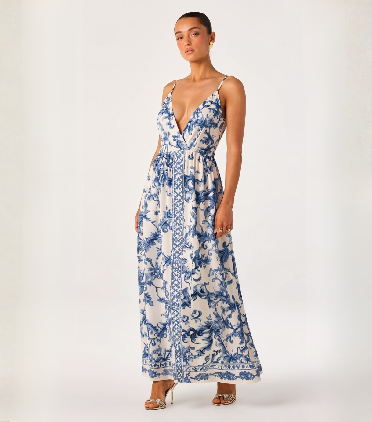 Navy Porcelain Print Spaghetti Strap Maxi Dress