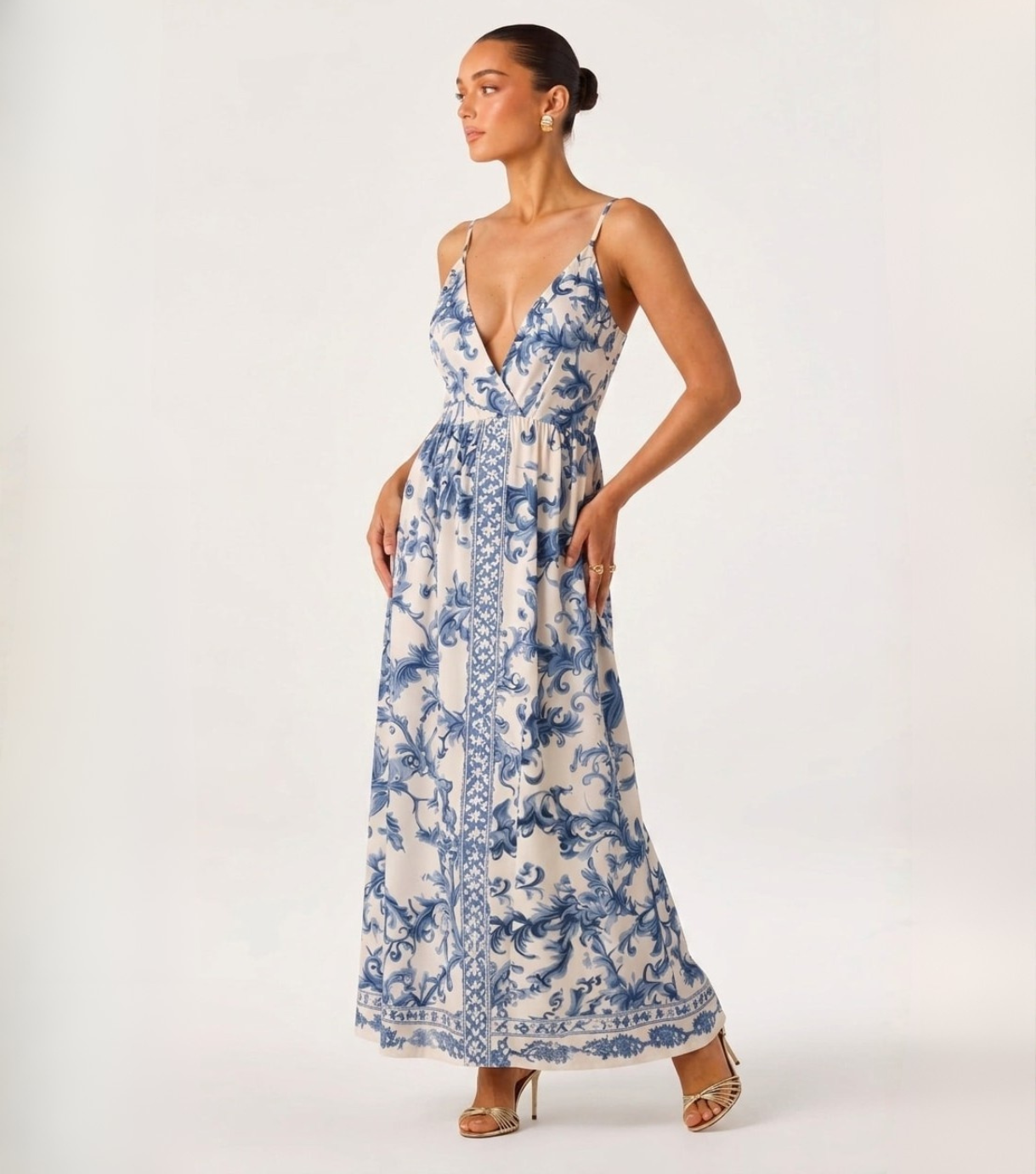 Navy Porcelain Print Spaghetti Strap Maxi Dress