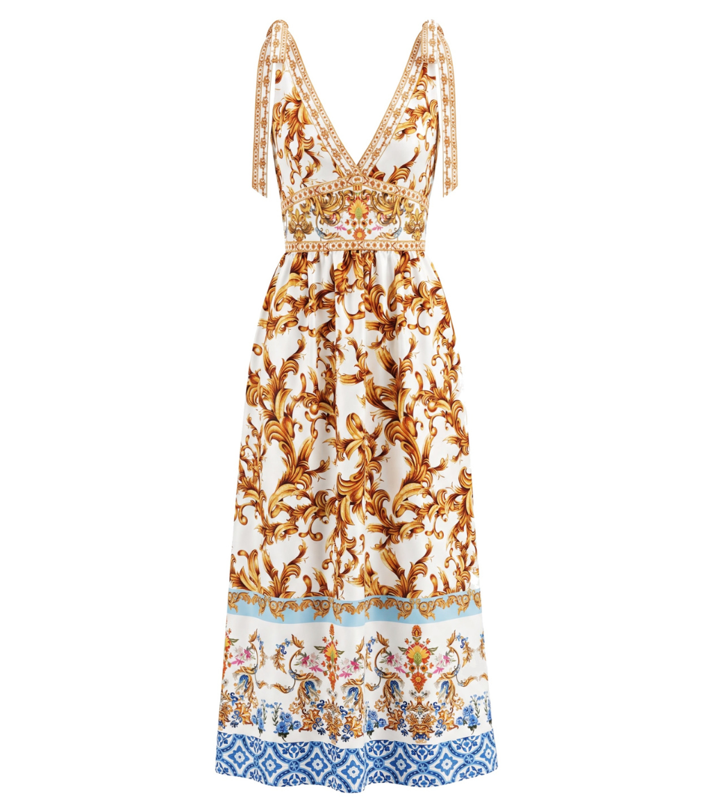 Gold Baroque-print lace-up V-neck maxi dress
