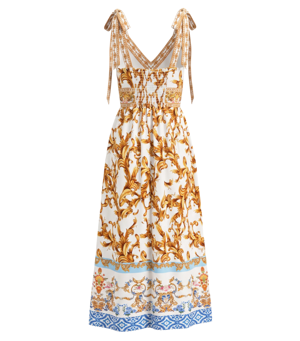 Gold Baroque-print lace-up V-neck maxi dress
