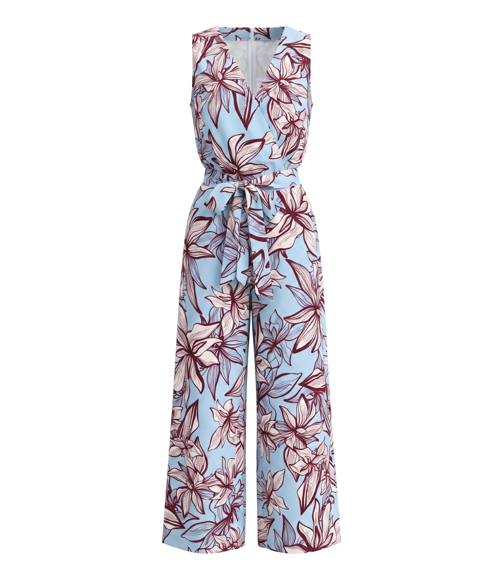 Light Blue Floral Print V-Neck Wrap Jumpsuit