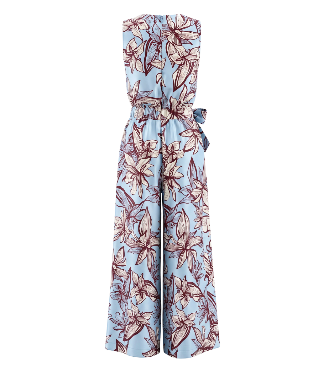 Light Blue Floral Print V-Neck Wrap Jumpsuit