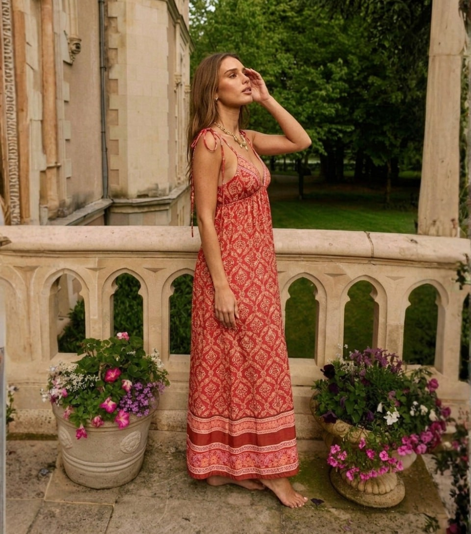 Red Ethnic Geometric Tie-Strap Flowy Maxi Dress