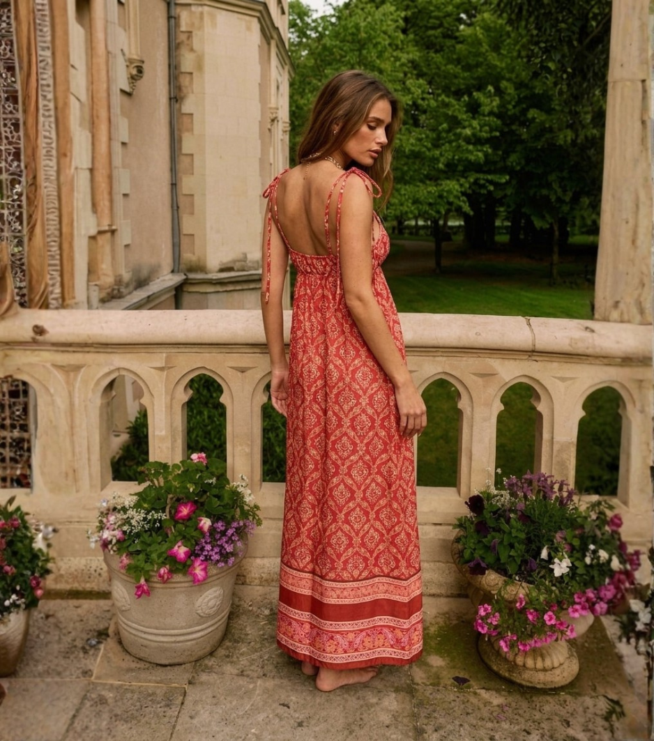 Red Ethnic Geometric Tie-Strap Flowy Maxi Dress