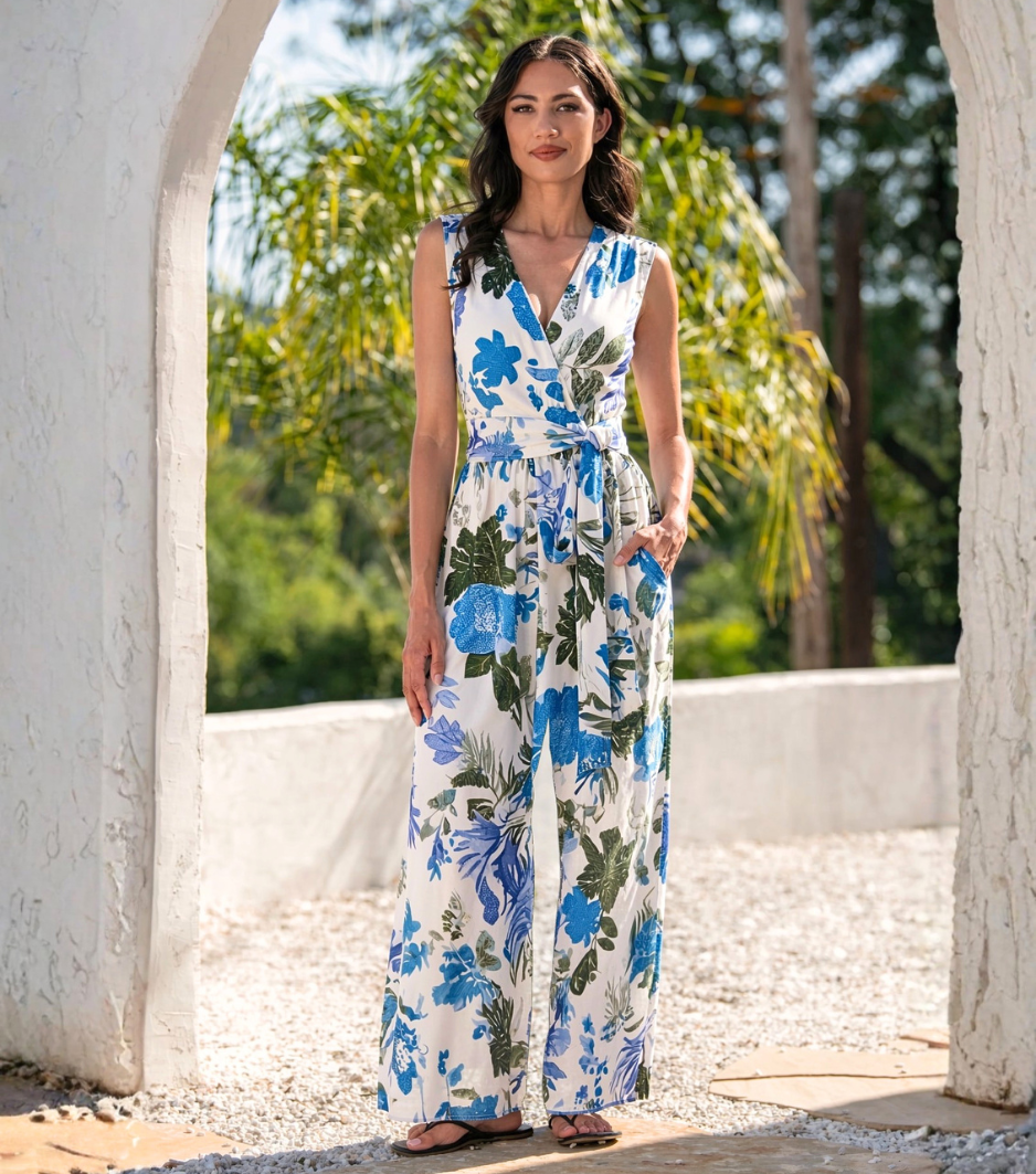 Blue Green Floral Wrap Sleeveless Jumpsuit