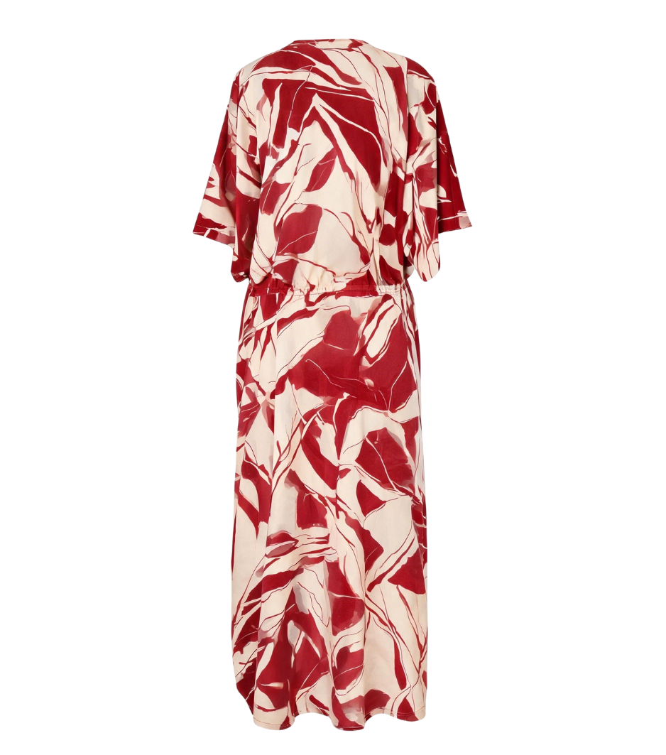 Red Abstract Leaf Drawstring Waist Maxi Dress