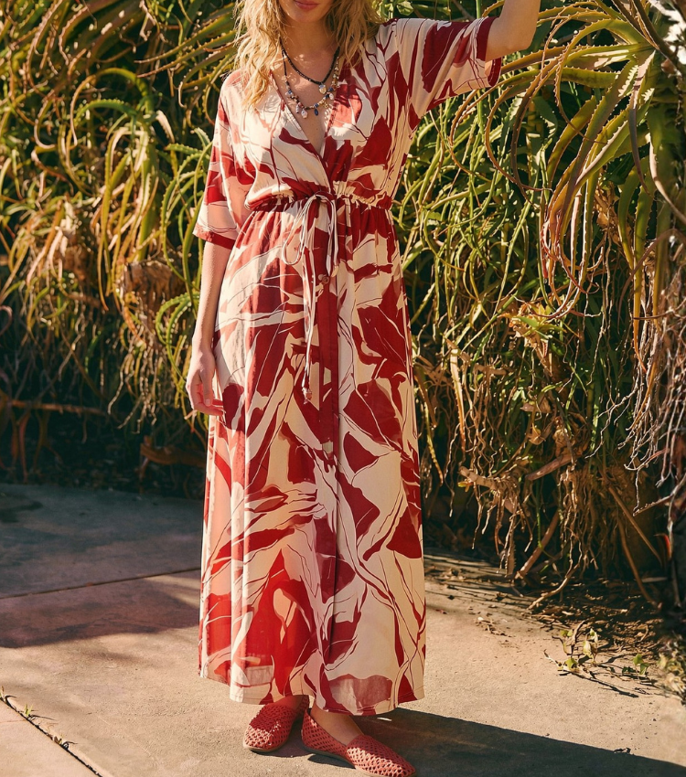 Red Abstract Leaf Drawstring Waist Maxi Dress