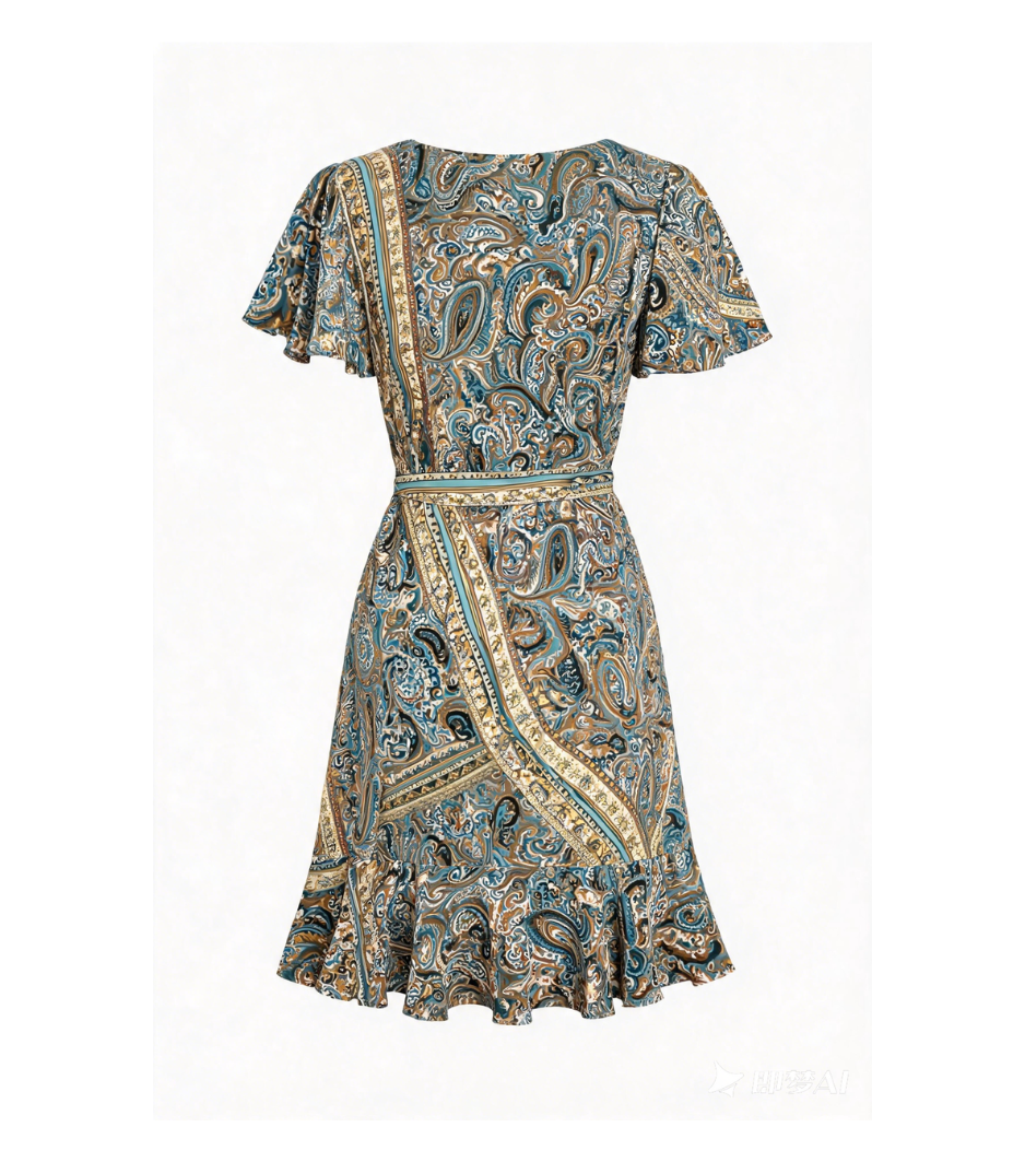 Vintage Paisley Print Wrap Mini Dress