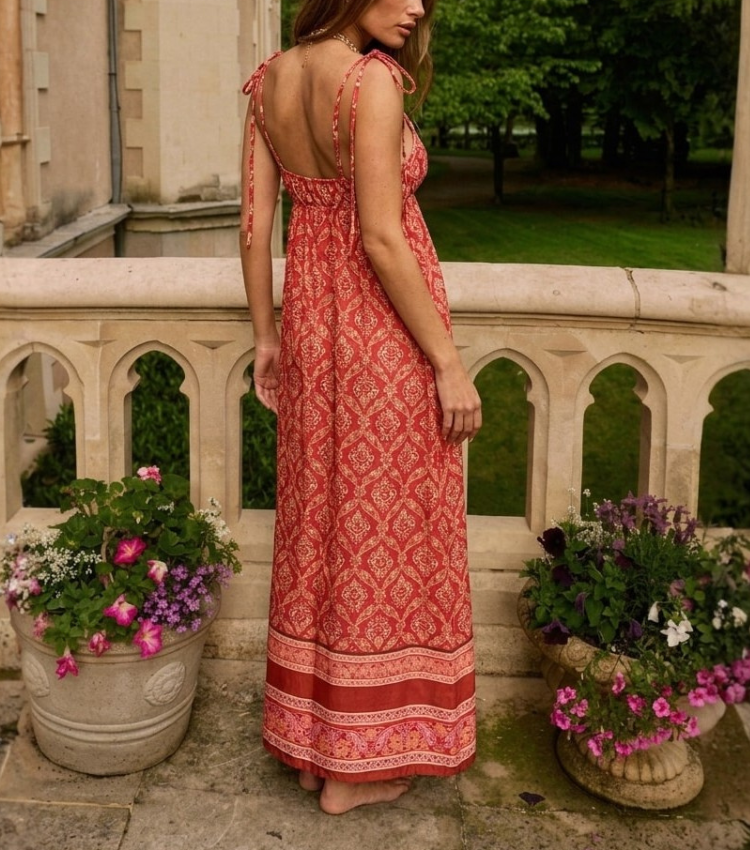 Red Ethnic Geometric Tie-Strap Flowy Maxi Dress