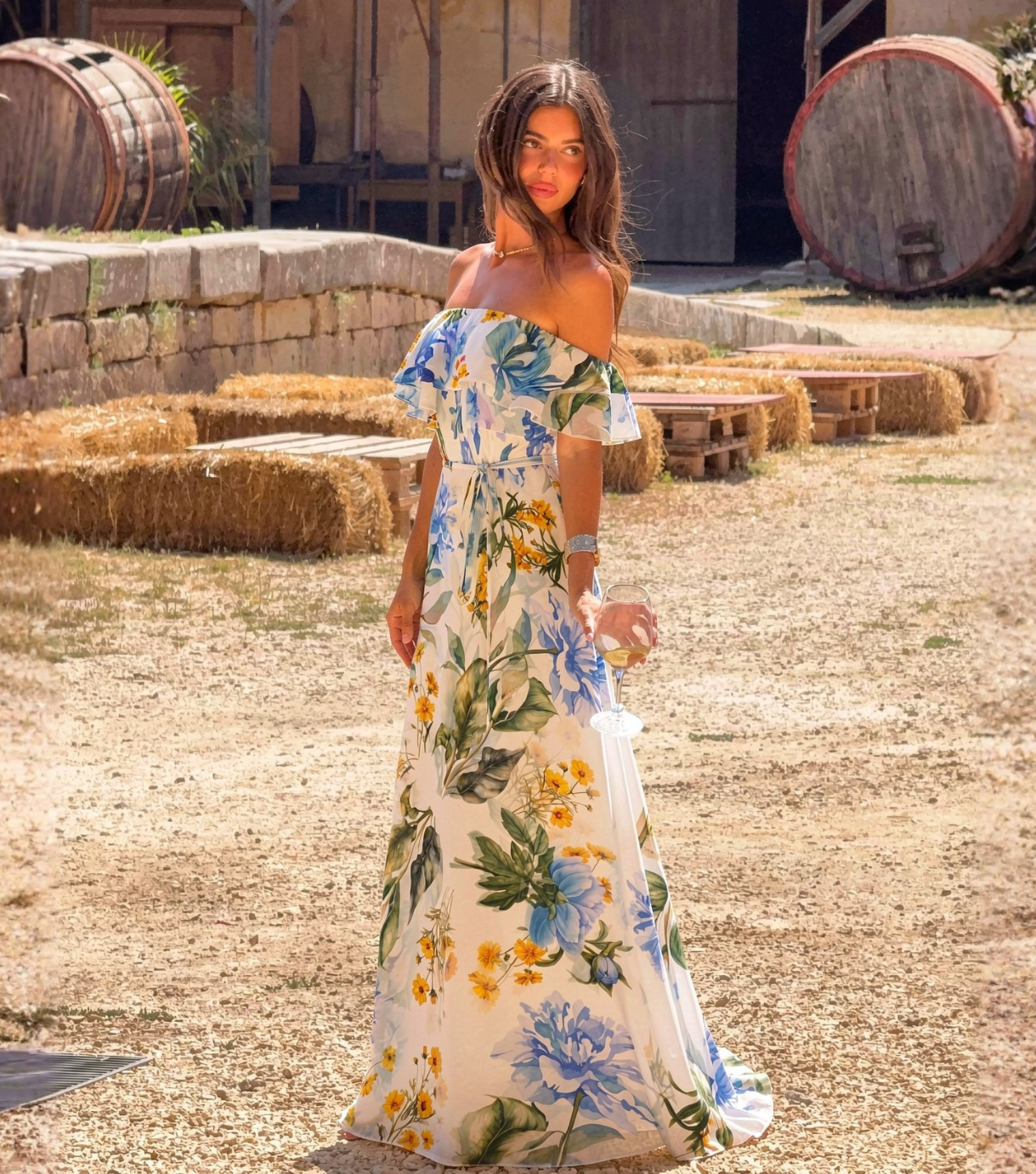 Blue Yellow Floral Ruffle Off Shoulder Maxi Dress