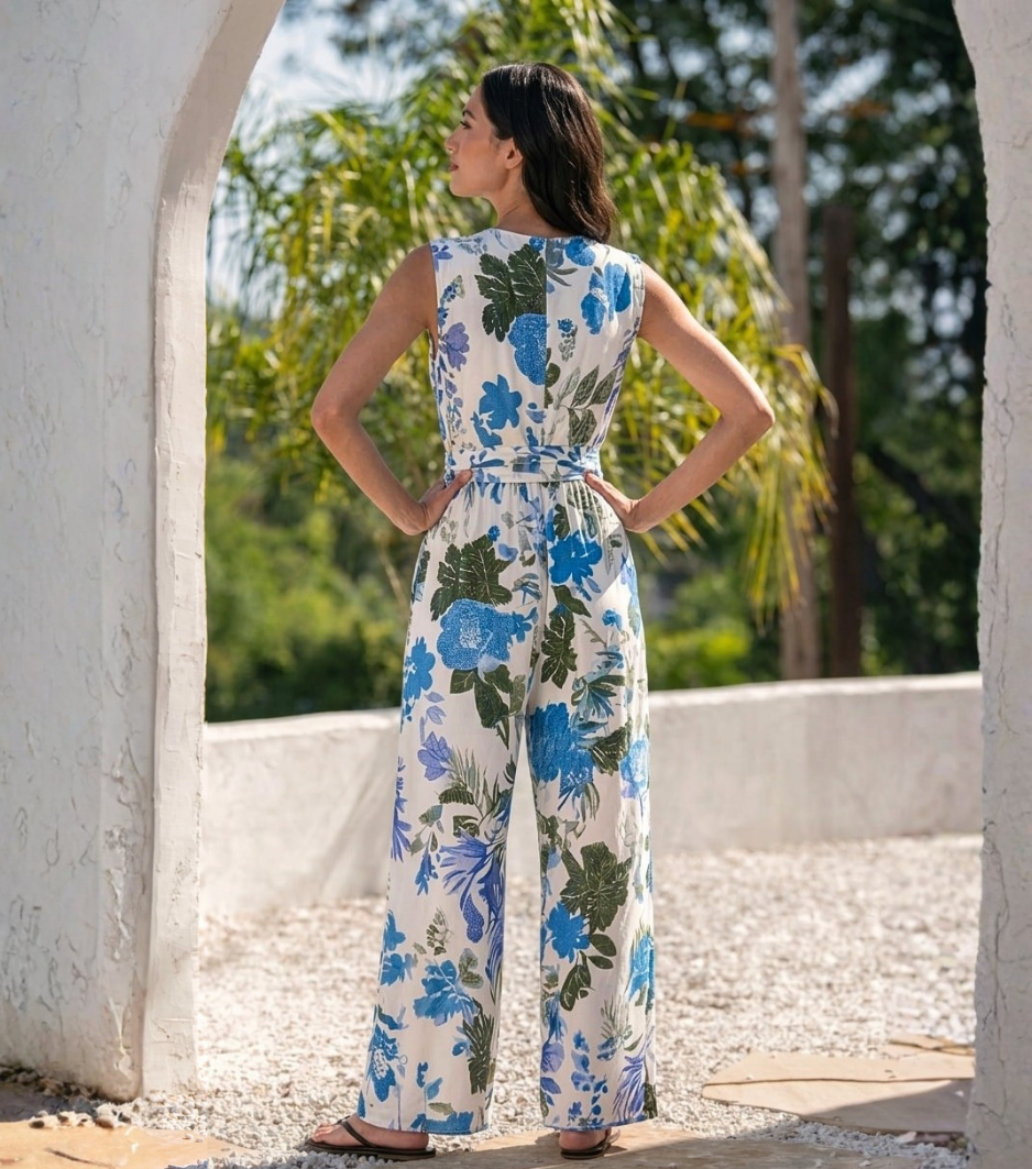 Blue Green Floral Wrap Sleeveless Jumpsuit