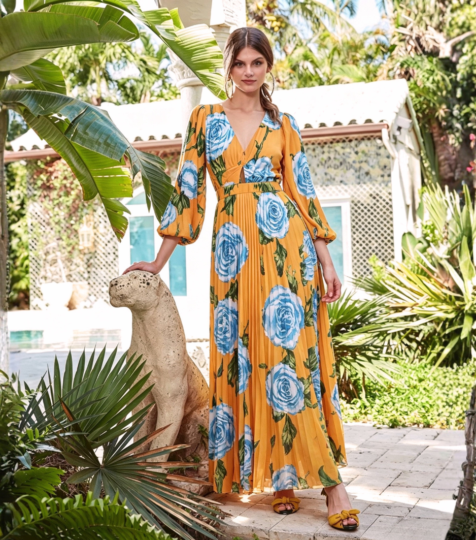 Orange Base Blue Rose Puff Sleeve Pleated Maxi Dress