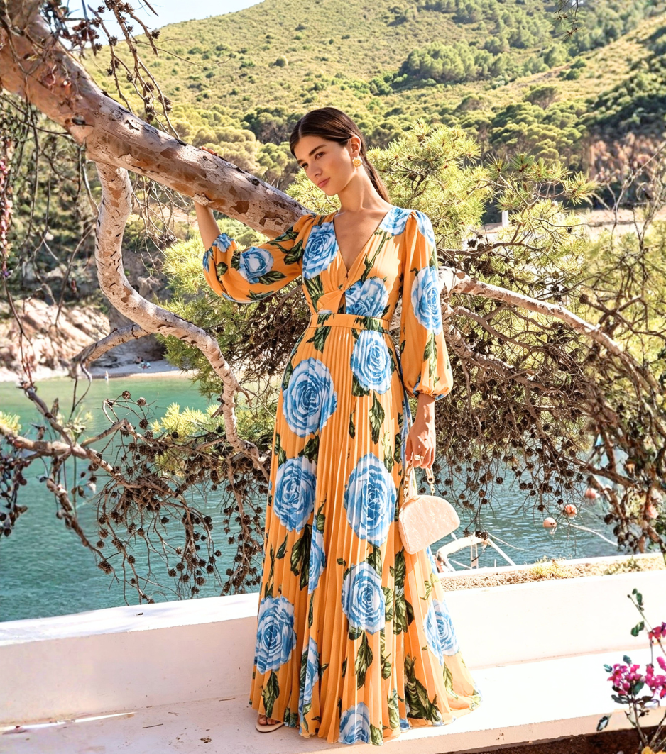 Orange Base Blue Rose Puff Sleeve Pleated Maxi Dress