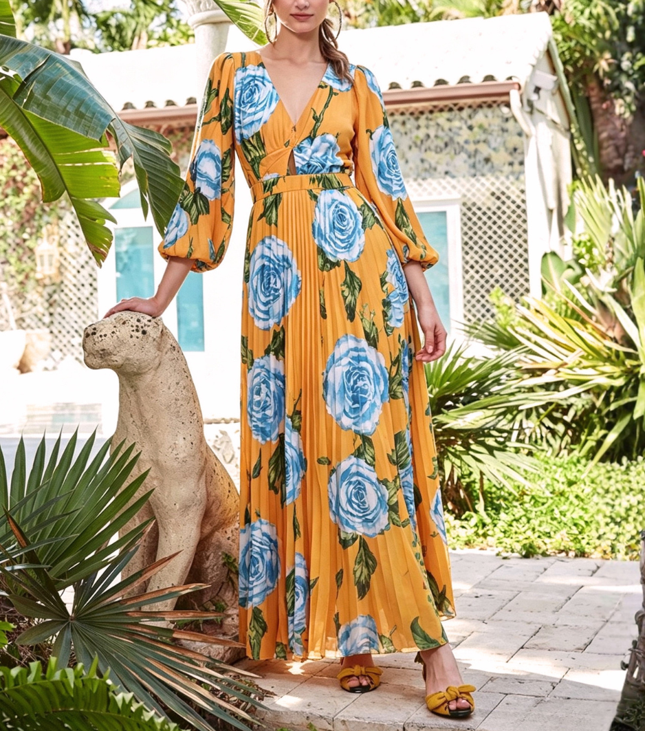 Orange Base Blue Rose Puff Sleeve Pleated Maxi Dress