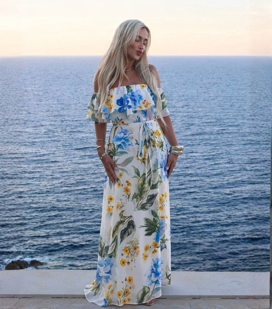 Blue Yellow Floral Ruffle Off Shoulder Maxi Dress