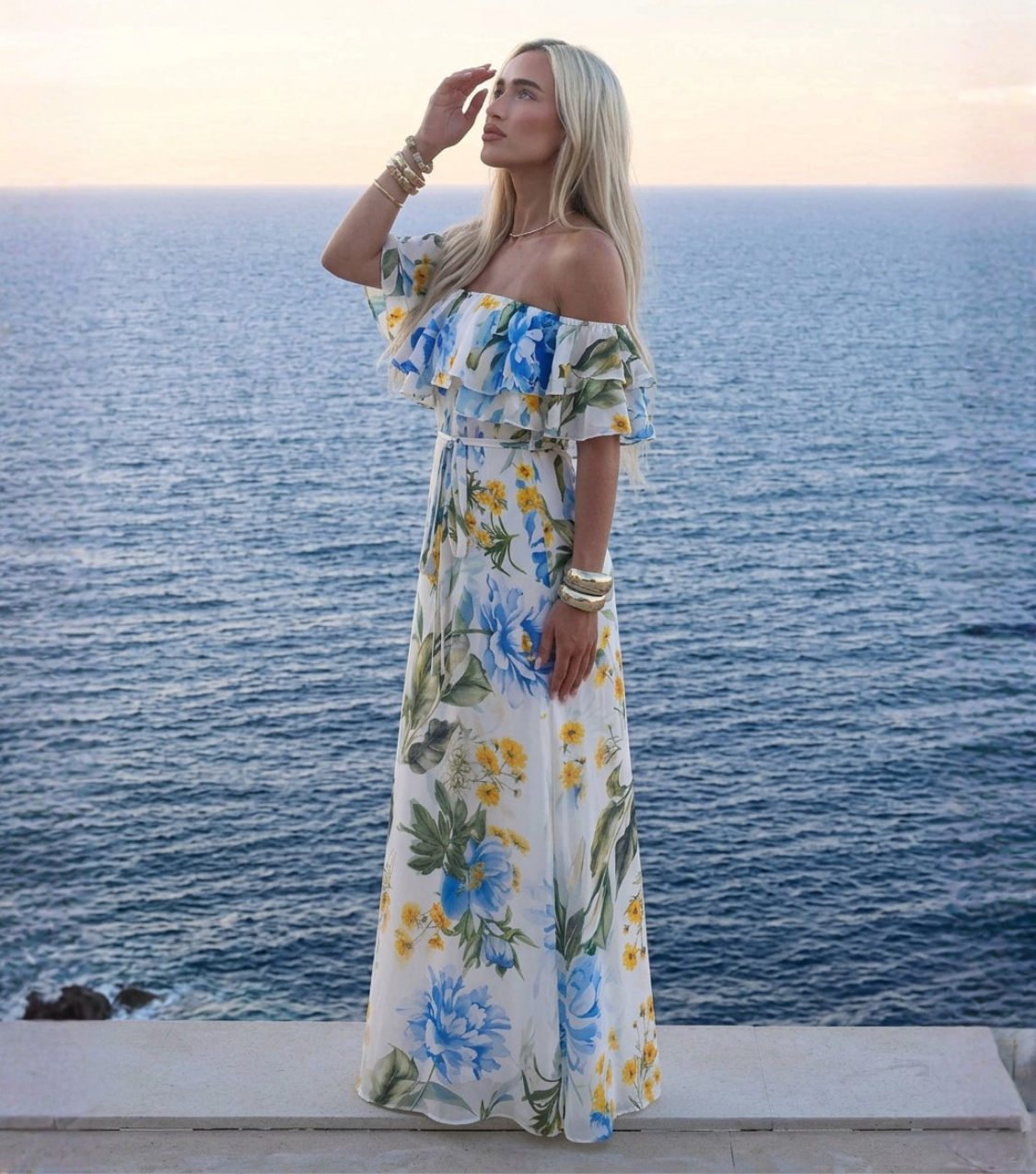 Blue Yellow Floral Ruffle Off Shoulder Maxi Dress