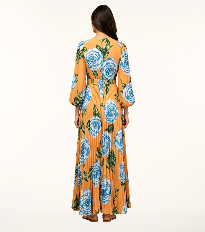 Orange Base Blue Rose Puff Sleeve Pleated Maxi Dress