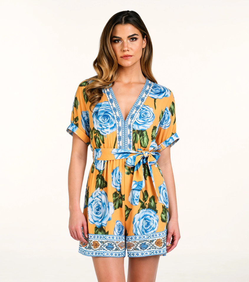 Orange Base Blue Rose Short Sleeve Tie Waist Romper