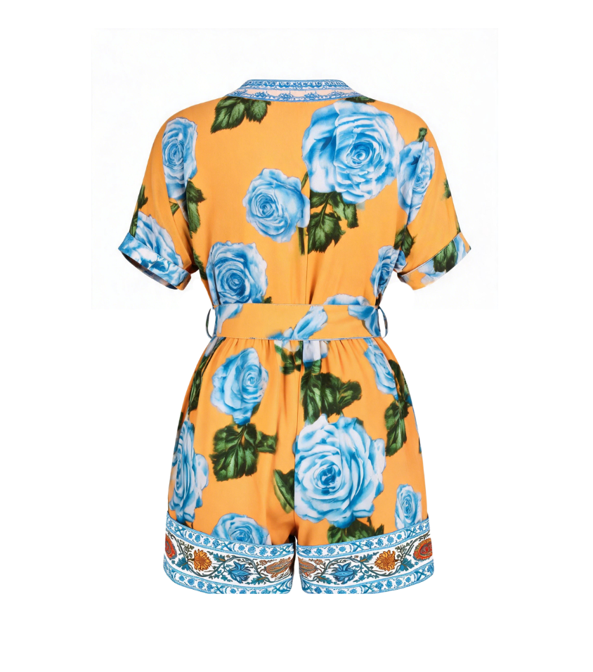 Orange Base Blue Rose Short Sleeve Tie Waist Romper