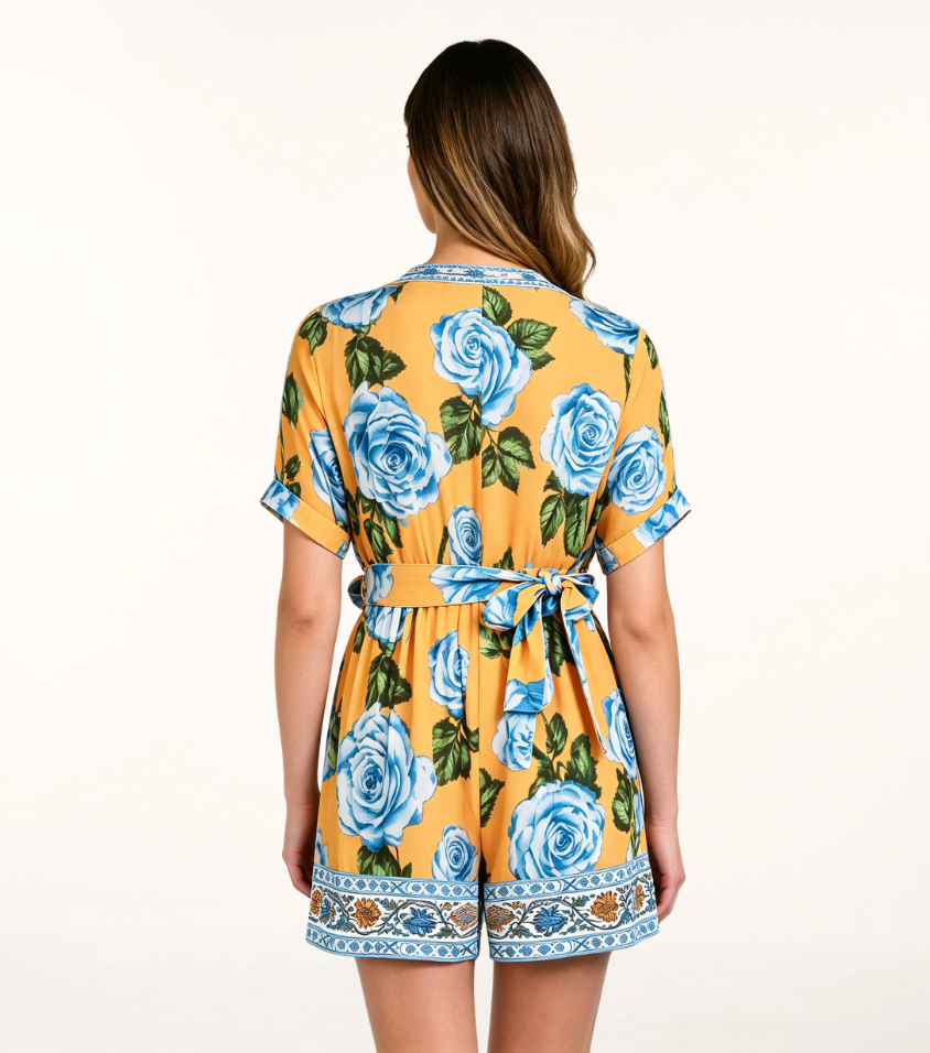 Orange Base Blue Rose Short Sleeve Tie Waist Romper