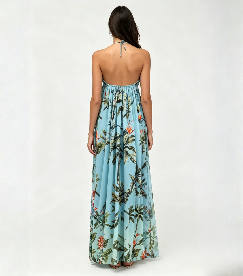 Light Blue Tropical Palm Tie Strap Maxi Dress