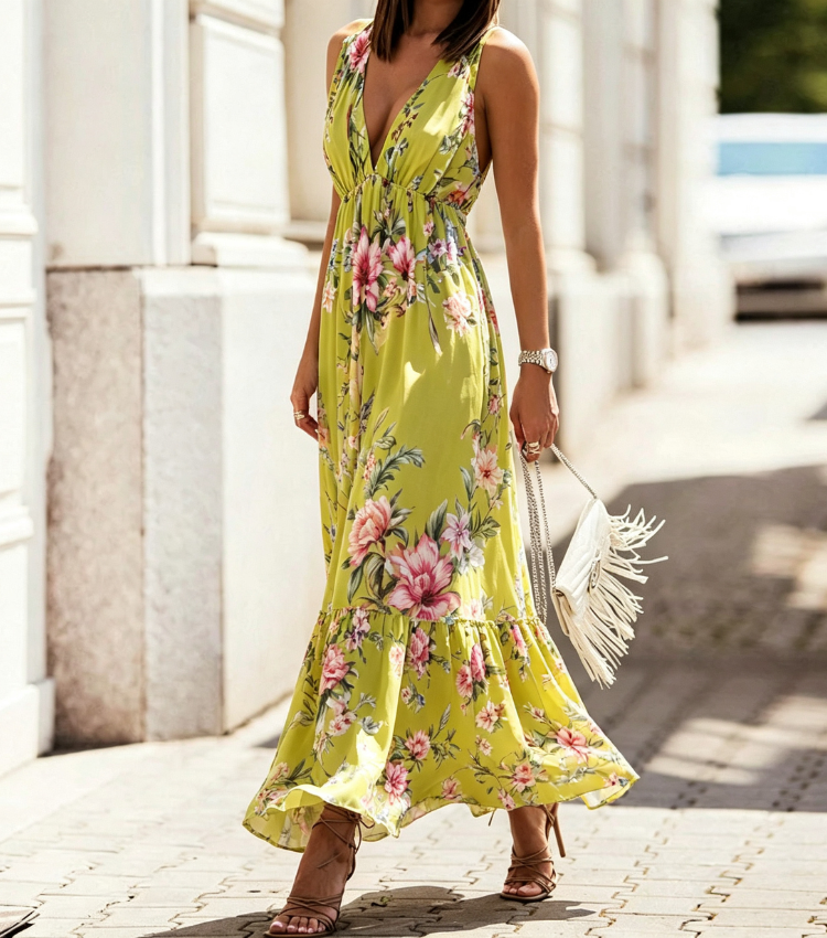 Olive Green Floral V-Neck Tiered Maxi Dress