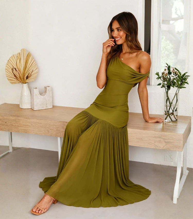 Solid Olive Green One Shoulder Ruched Mermaid Dress