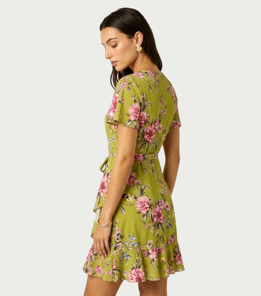 Olive Green Floral Flutter Sleeve Wrap Mini Dress
