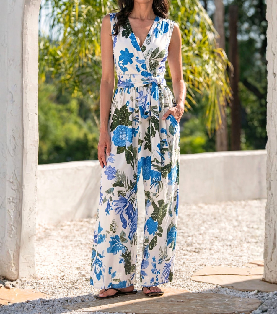 Blue Green Floral Wrap Sleeveless Jumpsuit