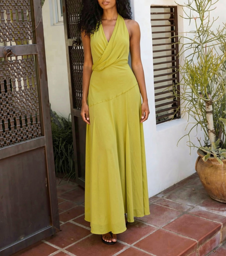 Solid Olive Green Halter Surplice Maxi Dress
