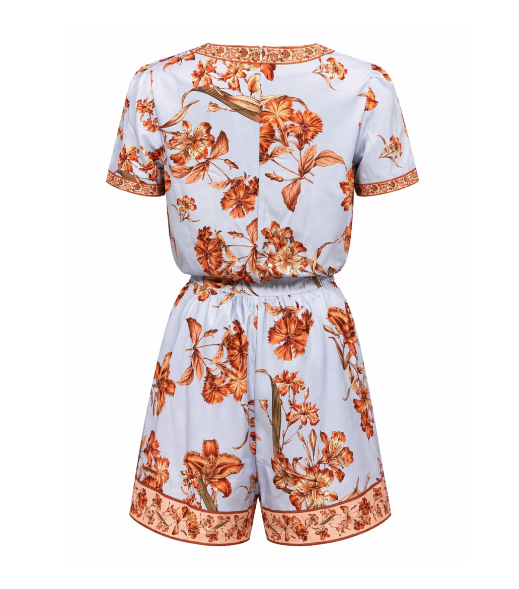 Light Blue Orange Floral Trim Wrap Short Sleeve Romper