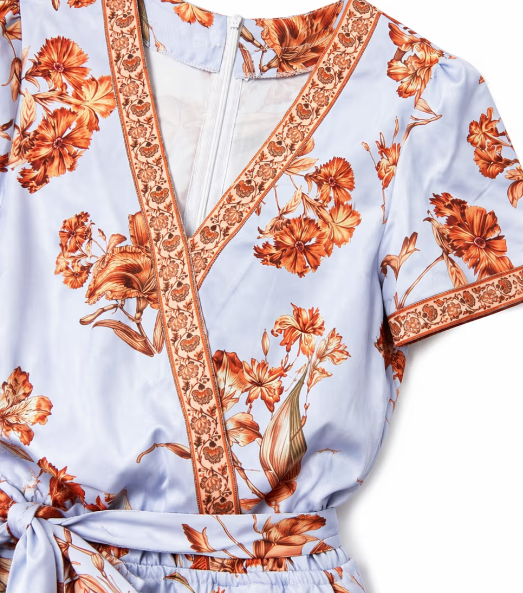 Light Blue Orange Floral Trim Wrap Short Sleeve Romper