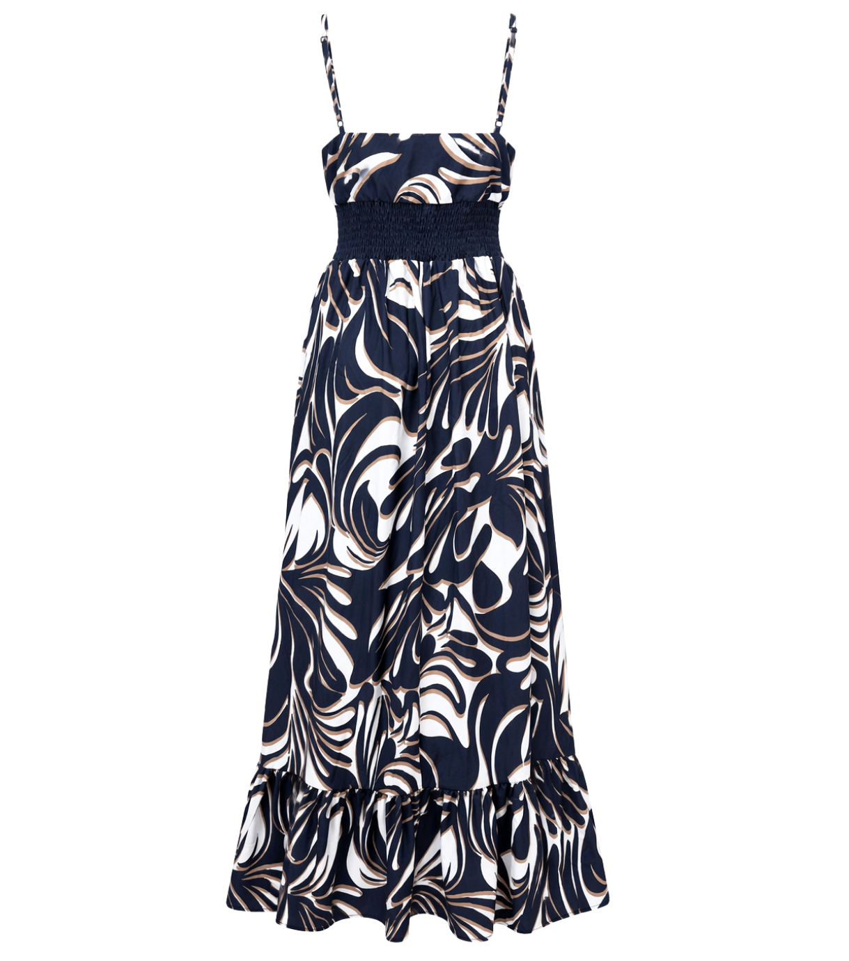 Blue Swirl Print Tie-Front Tiered Maxi Dress