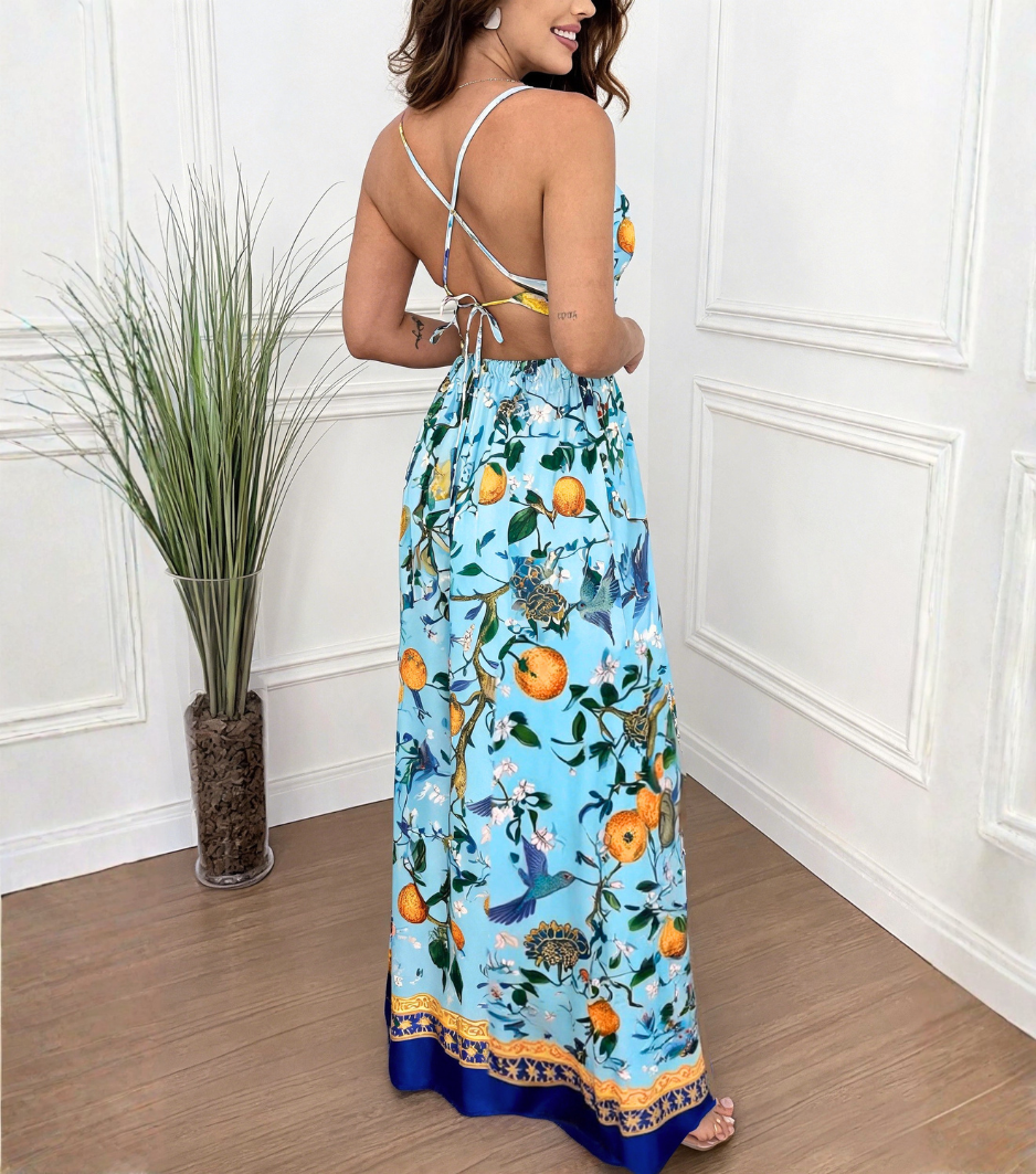 Citrus Bird Print Cutout Split Maxi Dress