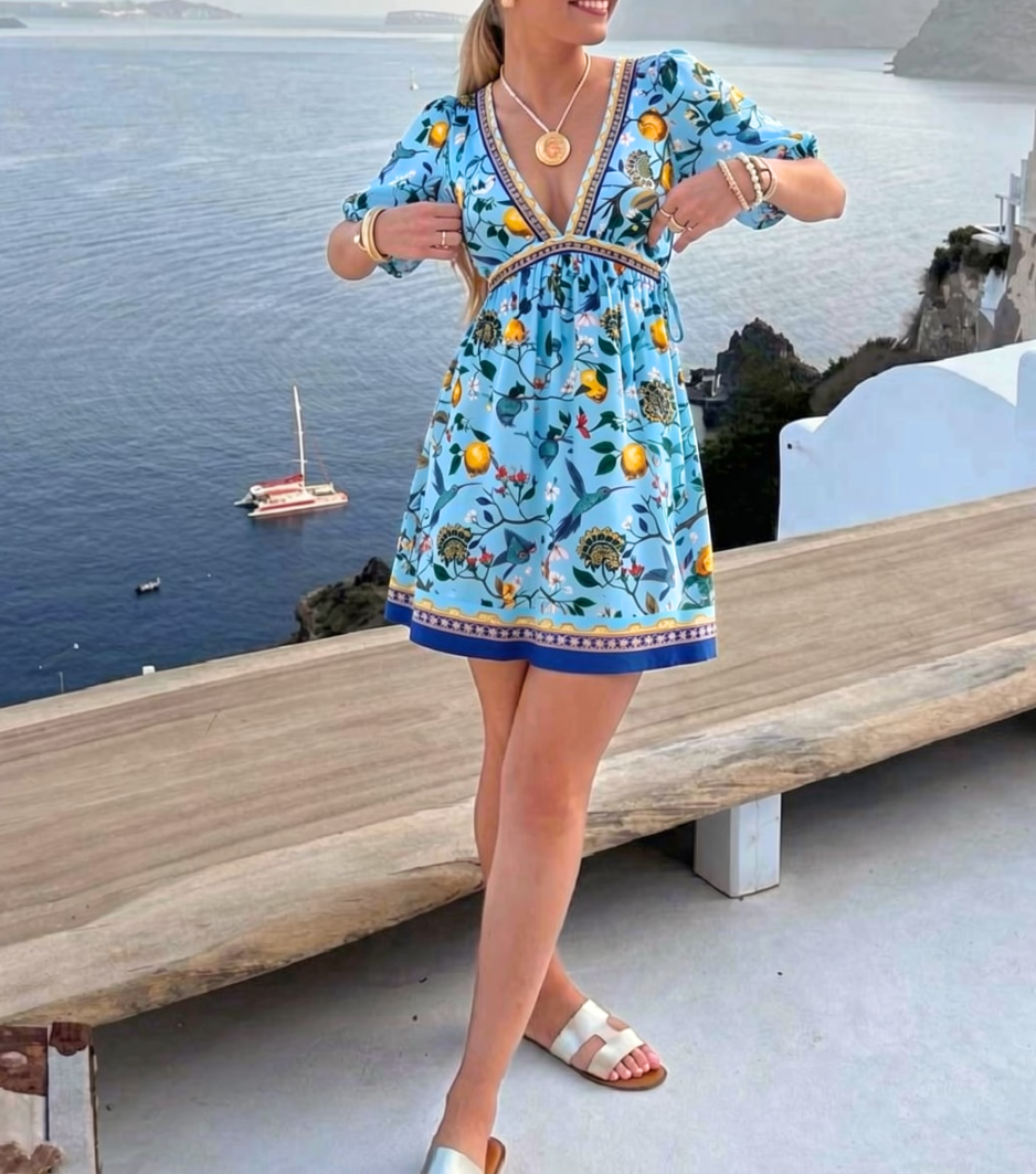 Citrus Bird Print Puff Sleeve V-Neck Mini Dress