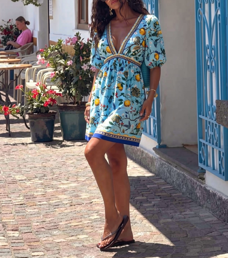 Citrus Bird Print Puff Sleeve V-Neck Mini Dress