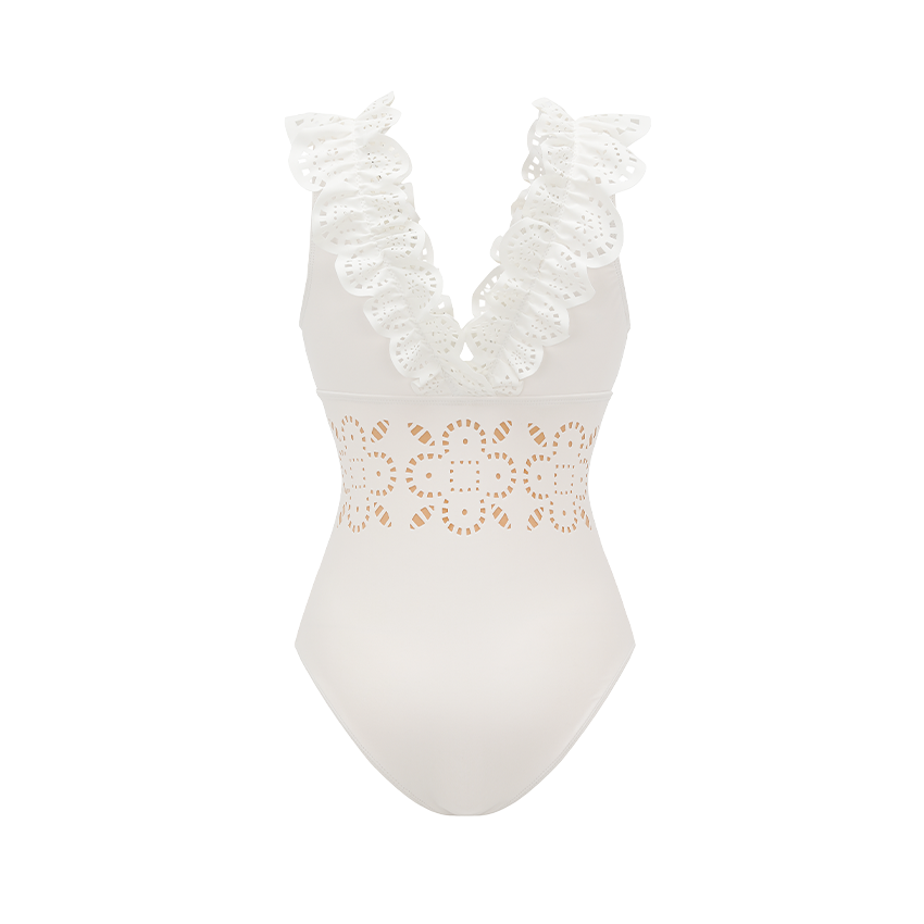 Ruffle White Laser Cutting Flower Hollow Swimsuit Set(s)