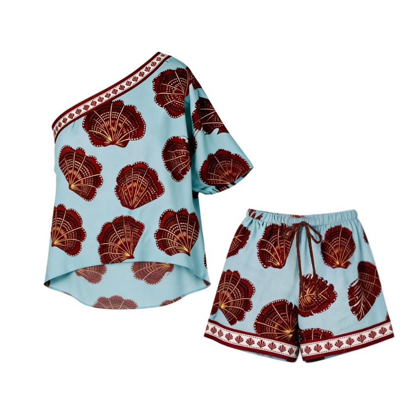 Shell Print Asymmetric Shoulder Two-Piece